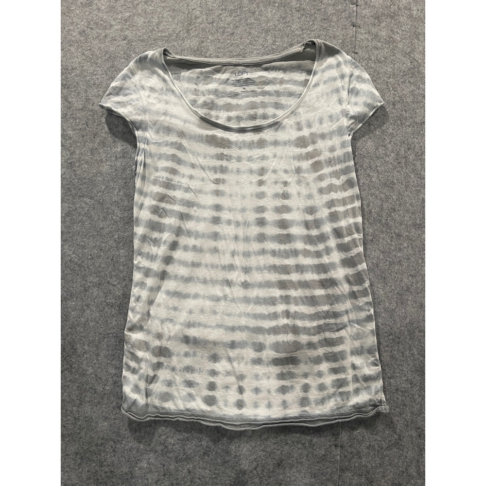 Ann Taylor Loft Womens Grey White Tie Dye Striped Cotton Scoop Neck Tee Shirt M